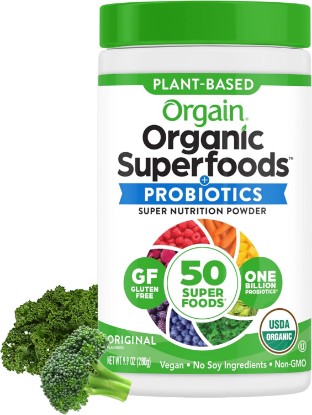Picture of Orgain Organic Greens Powder + 50 Superfoods, Original - 1 Billion Probiotics for Digestive Health, Antioxidants, Vegan, Plant-Based, Gluten-Free, Non-GMO, Green Juice & Smoothie Drink Mix - 0.62lb | 1 billion probiotics for digestive health, antioxidants, vegan, gluten free, non-GMO, for smoothies & green juice USDA Organic