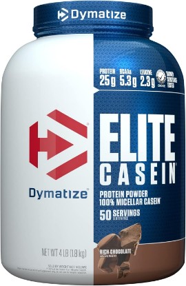 Picture of Dymatize Elite Casein Protein Powder, Chocolate, 100% Micellar Casein, 25g Protein, 5.4g BCAAs, 2.3g Leucine, Slow Absorbing for Overnight Muscle Recovery, 4 lb (50 Servings)