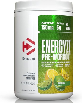Picture of Dymatize Energyze Pre Workout Powder for Men and Women, Lemon Lime Flavor, 150mg Caffeine, 5g BCAAs, Performance Blend of L-Theanine, L-Tyrosine, L-Citrulline, No Sugar, 30 Servings