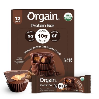 Picture of Orgain Organic Vegan 10g Protein Bars, Peanut Butter Chocolate Chunk, 12 Pk | Plant-based protein, low calorie healthy snacks, gluten free, non-GMO, no soy or lactose ingredients, 1.41 oz bars USDA Organic