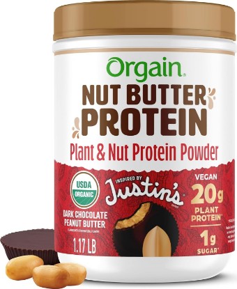 Picture of Orgain X Justin's 20g Protein Powder, Chocolate Peanut Butter, 1.17lb | Organic plant based nut butter protein, 1g sugar, gluten free, no dairy or soy ingredients, no artificial flavors USDA Organic