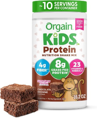 Picture of Orgain Kids 8g Grass-Fed Dairy Protein Powder, Chocolate Brownie, 1lb | Powder shake mix, 4g fiber, 23 vitamins & minerals, gluten free, no soy, adds nutritents to snacks, for shakes & smoothies