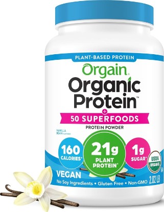 Picture of Orgain Organic Vegan 21g Protein + Superfoods Powder, Vanilla Bean, 2.02lb | Plant based protein, 50 superfoods, 8g prebiotic fiber, gluten free, no added sugar, non-GMO, no lactose ingredients USDA Organic