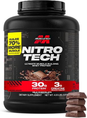 Picture of MuscleTech Whey Protein Powder (Milk Chocolate, 4LB) - 30g Protein | Nitro-Tech Ultimate Muscle Building Formula with Whey Protein Isolate - 3g of Creatine & 6.8g of BCAA - Packaging May Vary