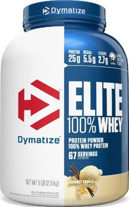 Picture of Dymatize Elite 100% Whey Protein Powder, Vanilla, 25g of Protein, 5.5g BCAAs, Less Than 140 Cal., Gluten Free, 2g Carb, 2g Sugar, 3g Fat (67 Servings)