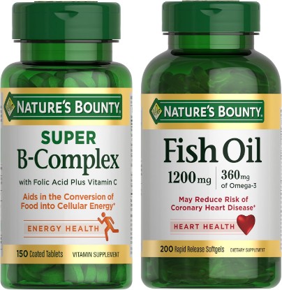 Picture of Nature's Bounty Energy & Heart Health Bundle: Super B Complex Vitamins with Vitamin C & Folic Acid (150 Count) for Immune & Cellular Support + Fish Oil Omega-3 (1200 Mg, 200 Count) for Heart Wellness