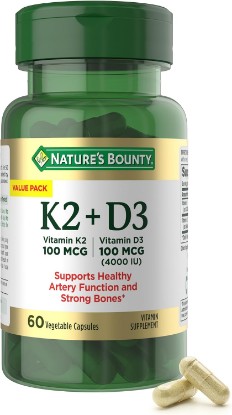 Picture of Nature’s Bounty Vitamin D3 K2 Supplement, 4000 IU Vitamin D3 plus 100 mcg of Vitamin K Supplements for Adults for Heart & Bone Health Support, 60 Day Supply, 60 Vegetarian Capsules