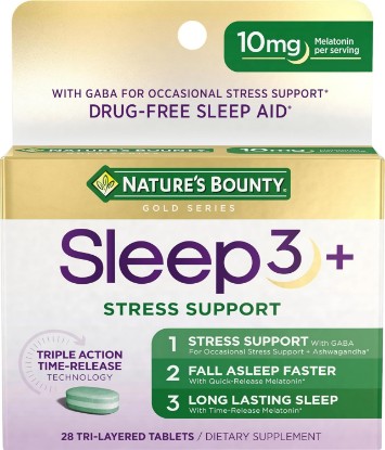 Picture of Nature's Bounty Stress Support Plus Melatonin, 56 Tri-Layered Tablets | Sleep3 Maximum Strength 100% Drug Free Sleep Aid, Dietary Supplement with Ashwagandha, Time Release Technology, 10mg