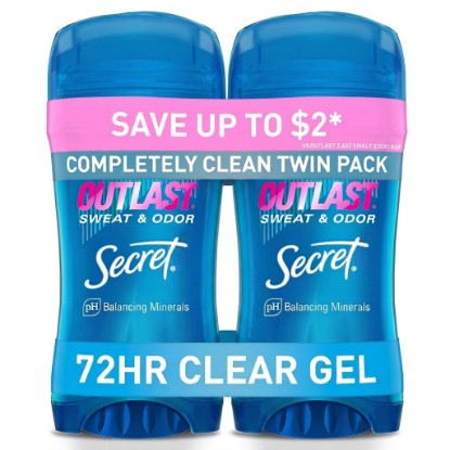 Picture of Secret Outlast Antiperspirant Deodorant for Women, 72hr Sweat & Odor Protection, PH Balancing Minerals, Pro-Hyaluronic Acid, Clear Gel, Completely Clean Scent, 2.6 oz (Pack of 2)