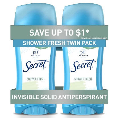 Picture of Secret Antiperspirant and Deodorant for Women, 24hr Sweat & Odor Protection, PH Balanced Protection, Gentle on Skin, Invisible Solid, Shower Fresh Scent, 2.6 oz (Pack of 2)