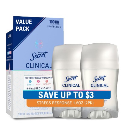 Picture of Secret Clinical Strength 100HR Sweat & Odor, Stress Response Invisible Solid Antiperspirant Deodorant for Women, 3X Stress Protection with Hyaluronic Acid, PH Balanced, 1.6 oz (Pack of 2)