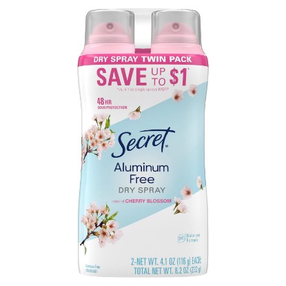 Picture of Secret Dry Spray Aluminum Free Deodorant for Women, 48hr Weightless Odor Protection, Gentle on Skin, Cherry Blossom Scent, 4.1 oz (Pack of 2)