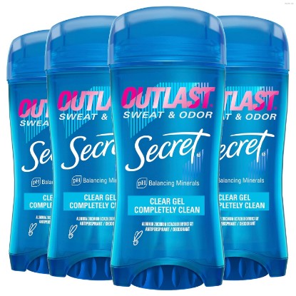 Picture of Secret Outlast Antiperspirant Deodorant for Women, 72hr Sweat & Odor Protection, PH Balancing Minerals, Clear Gel, Completely Clean Scent, 2.6 oz (Pack of 4)