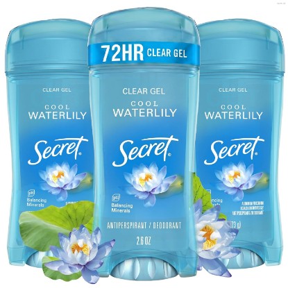 Picture of Secret Fresh Antiperspirant Deodorant for Women, 72hr Breathable Sweat & Odor Protection, Instant Freshness & Gentle, PH Balancing Minerals, Clear Gel, Cool Waterlily Scent, 2.6 oz (Pack of 3)