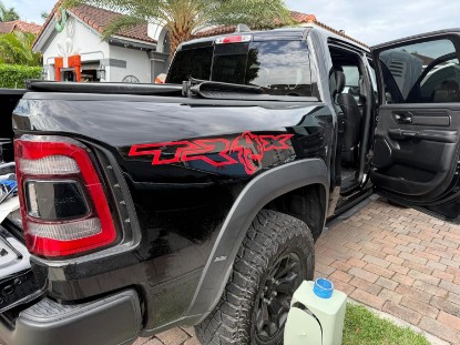 Picture of Pair of Gloss RED Universal Style Dinosaur TREX Bedside Bed Side Truck Decal Decals Vinyl Graphics Compatible with 2022 2023 Ram Rebel TRX F150 F250 Raptor Wrangler