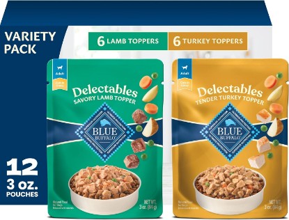 Picture of Blue Buffalo Delectables Variety Pack Dog Food Topper, 3 oz, 12 ct | Lamb & Turkey Recipes, Real Meat with Garden Veggies in Gravy, Single-Serve Pouches, Topper or Treat