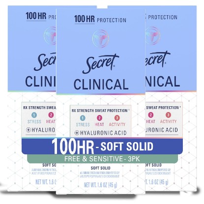 Picture of Secret Clinical Strength Antiperspirant and Deodorant for Women, Free & Sensitive, 3X Stress Sweat Protection, PH Balancing Minerals, Soft Solid, Unscented, 1.6 oz (Pack of 3)