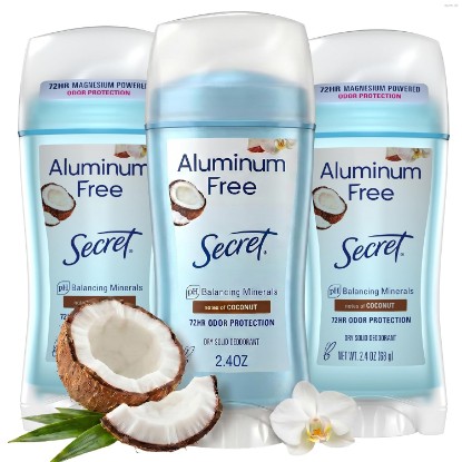 Picture of Secret Aluminum Free Deodorant for Women, 48hr Odor Protection, Naturally Derived Ingredients, Free of Parabens Dyes Talc & Baking Soda, PH Balanced, Dry Solid, Coconut Scent, 2.4 oz (Pack Of 3)