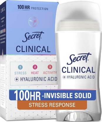 Picture of Secret Clinical Strength 100HR Sweat & Odor, Stress Response Invisible Solid Antiperspirant Deodorant for Women, 3X Stress Protection with Hyaluronic Acid, PH Balancing Minerals, 2.6 oz