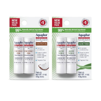 Picture of Aquaphor Naturally Inspired Lip Repair Sticks, Variety Pack | Coconut Oil Lip Balm (2 x 0.17) and Aloe Vera Lib Balm (2 x 0.17), Both with Shea Butter, Immediately Relieves Dryness