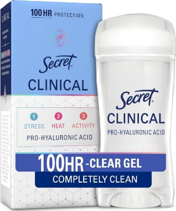Picture of Secret Clinical Strength 100HR Sweat & Odor, Clear Gel Antiperspirant Deodorant for Women, 3X Stress Protection with Hyaluronic Acid, PH Balancing Minerals, Completely Clean Scent, 2.6 oz