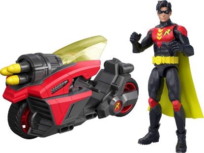Picture of ​Mattel DC Premier 6.5in Robin Figure & Cycle Vehicle | Motorycle with Missile Projectile Launcher, Excluisive Deco Robin, Cycle Has Batlink Modular Features to Mix and Match