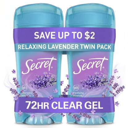Picture of Secret Fresh Antiperspirant Deodorant for Women, 72hr Breathable Sweat & Odor Protection, Instant Freshness & Gentle, PH Balancing Minerals, Clear Gel, Relaxing Lavender Scent, 2.6 oz (Pack of 2)