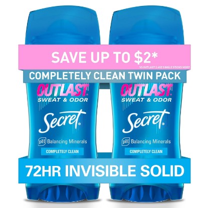 Picture of Secret Outlast Antiperspirant Deodorant for Women, 72hr Sweat & Odor Protection, PH Balancing Minerals, Invisible Solid, Completely Clean Scent, 2.6 oz (Pack of 2)