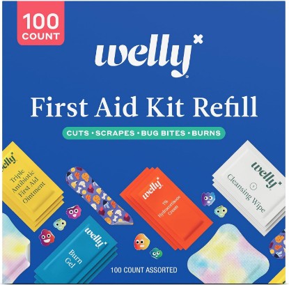 Picture of Welly First Aid Kit Refill Carton | Includes Individual Bandages, Cleansing Wipes, Antibiotic Packets, Burn Gel, Hydrocortisone Cream, and Bug Bite Relief Patches | 100 ct