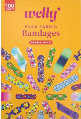 Picture of Welly Bravery Badge Value Pack | Adhesive Flexible Fabric Bandages | Assorted Shapes and Patterns for Minor Cuts, Scrapes, and Wounds - 100 Count [Amazon-developed Certification] Compact by Design