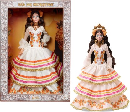 Picture of Barbie Signature Doll, Día De Muertos 2025 Collectible in Ruffled Cream Gown Trimmed with Marigolds and Ribbon, Flower Crown and Calavera Face Paint