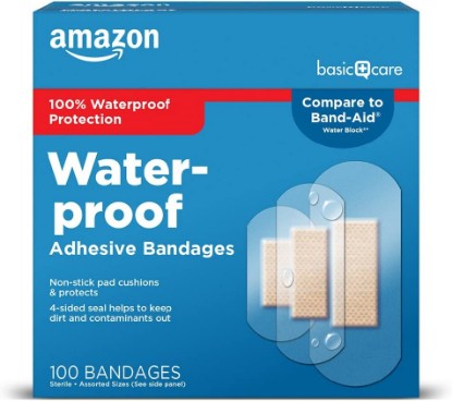 Picture of Amazon Basic Care Waterproof Clear Adhesive Bandages for Minor Cuts and Scrapes, Non-Stick Pad, First Aid and Wound Care Supplies, Assorted Sizes, 100 Count [Amazon-developed Certification] Compact by Design