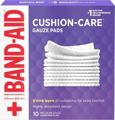 Picture of BAND-AID Brand Cushion-Care Gauze Pads, Medium Size, 3 in x 3 in, 10 Count | Absorbent Dressing Pads Non-Adhesive Comfortable Protection & Wound Care of Minor Cuts, Scrapes & Burns, For First Aid Kits