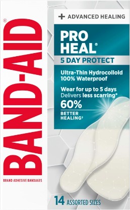 Picture of BAND-AID Brand Pro Heal 5 Day Protect Hydrocolloid Bandages, Assorted, 14ct | Advanced Healing for Wound Care, 100% Waterproof Ultra-Thin Hydrocolloid First Aid Bandages, Less Scarring v. Uncovered Wound