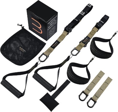 Picture of Suspension Trainer, Bodyweight Training Straps for Full Body Workouts at Home, Includes Door Anchor, Extension Arms and Advanced Foot Straps. Green