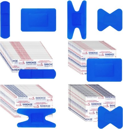 Picture of 200 Pcs Waterproof Blue Bandaids, 4 Shapes Food Service Blue Detectable Adhesive Flexible Bandages with Quilt-Aid Pad, Breathable Bandaids for Catering Wound Care and Protection