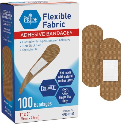 Picture of MED PRIDE Fabric Adhesive Bandages,Hypoallergenic,Latex-Free,1x3 in,100-Ct [Amazon-developed Certification] Compact by Design