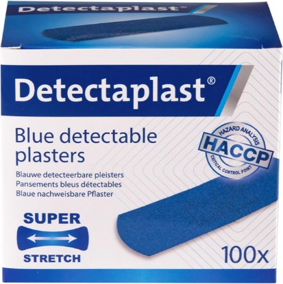 Picture of Detectaplast Blue Bandaids Superstretch - Metal Detectable and Flexible Bandaids - Wound Care - First Aid Kit in Food Handling Environments - 0,98 x 2,83 inches - 100 pcs [Amazon-developed Certification] Compact by Design