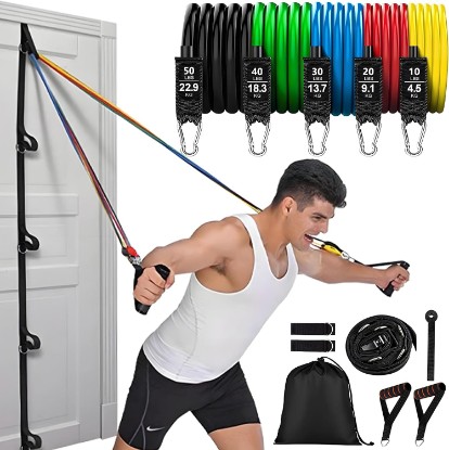 Picture of Resistance Bands Set with Handles and Door Anchor for Full Body Workout | 5 Tube Bands with Adjustable Resistance for Home Gym Training, Strength Workouts, Yoga, Pilates and Muscle Building.