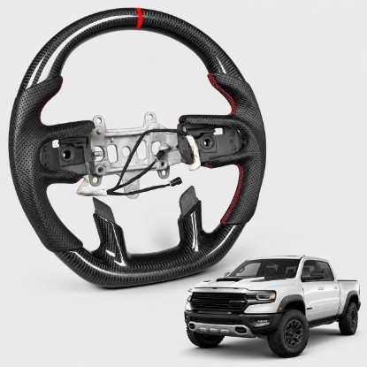 Picture of Real Carbon Fiber Steering Wheel for Ram 1500 TRX (2021-2024), Supports Factory Heating and Paddle Shifters, Genuine 3K Carbon with Perforated Leather, D-Shape Global Recycled Standard