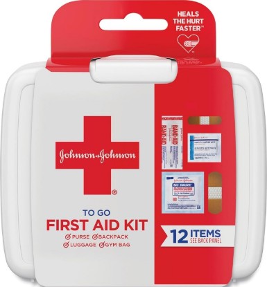 Picture of BAND-AID Brand First Aid Kit to Go, 12 Piece | Mini Portable Emergency Wound Care Essentials with Adhesive Bandages & Gauze Pads, Perfect for Home, Car, Camping & Travel