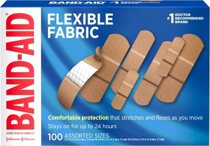 Picture of BAND-AID Brand Flexible Fabric Adhesive Bandages, Assorted Sizes, 100 Count | Comfortable Protection, Sterile Wound Care for Minor Cuts, Scrapes & Burns, First Aid Kit Essential, Non-Stick Hurt-Free Pad [Amazon-developed Certification] Compact by Design