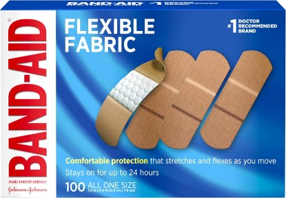 Picture of BAND-AID Brand Flexible Fabric Adhesive Bandages, All One Size, 100 Count | Comfortable Protection, Sterile Wound Care for Minor Cuts, Scrapes & Burns, First Aid Kit Essential, Non-Stick Hurt-Free Pad [Amazon-developed Certification] Compact by Design