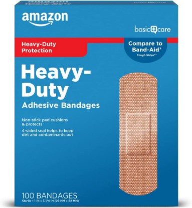 Picture of Amazon Basic Care Heavy-Duty Flexible Fabric Adhesive Bandages, First Aid and Wound Care Supplies for Minor Cuts, Scrapes, Blisters, One Size, 100 Count [Amazon-developed Certification] Compact by Design