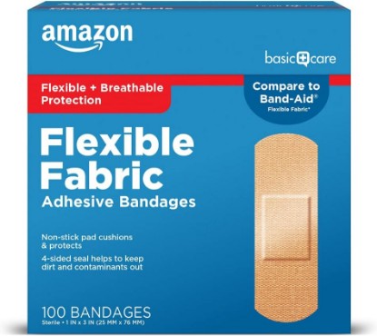Picture of Amazon Basic Care Flexible Fabric Adhesive Bandages, First Aid for Wounds and Scrapes, Breathable with Non-Stick Pad, Latex Free, 100 Count [Amazon-developed Certification] Compact by Design