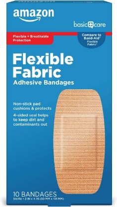 Picture of Amazon Basic Care Flexible Fabric Adhesive Bandages, XL (2 in x 4 in), Non-Stick Pad for Cuts & Scrapes, 4-Sided Seal, 10 Count