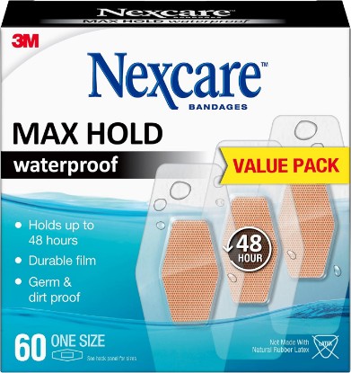 Picture of Nexcare Max Hold Waterproof Bandages, Stays On for 48 Hours, Flexible Bandages for Fingers, Knees and Heels - 60 Pack Clear Waterproof Bandages [Amazon-developed Certification] Compact by Design