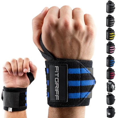 Picture of Fitgriff® Wrist Wraps for Weightlifting (18") Heavy-Duty Support for Gym, Bench Press, and Pushups (1 Pair) - for Men and Women (Black/Blue)
