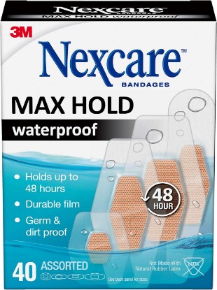 Picture of Nexcare Max Hold Waterproof Bandages, Contours to Hard-to-Fit Places, Like Heels, The Hand, Knees, and Fingers, Assorted Sizes, 40 Count