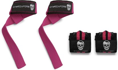 Picture of Gymreapers 18" Weightlifting Wrist Wraps & Lifting Straps Combo – Competition Grade Wrist Support with Thumb Loop & Padded Neoprene Straps for Powerlifting, Bodybuilding, Strength Training (Pink)